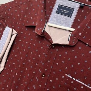 7Diamonds Mens XL 4-Way Stretch Short Sleeve Button Down Shirt Burgundy Print